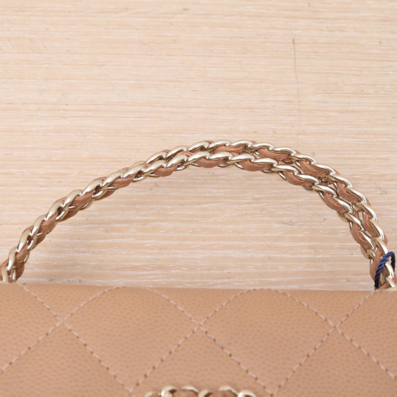 CHANEL 23P手柄Kelly19奶茶色荔枝牛皮鐳射標金扣雙皮穿鏈交叉手柄肩背包-2