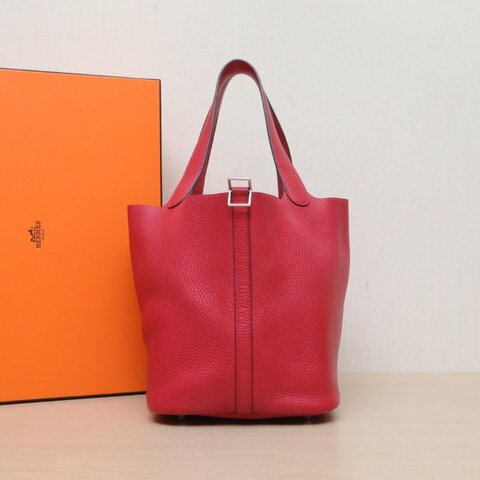HERMES Picotin22菜籃子Q5國旗紅TC皮A刻銀扣肩背包