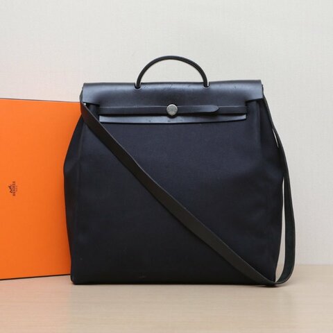 HERMES Herbag3989黑色帆布/Hunter牛皮框D銀扣肩背包