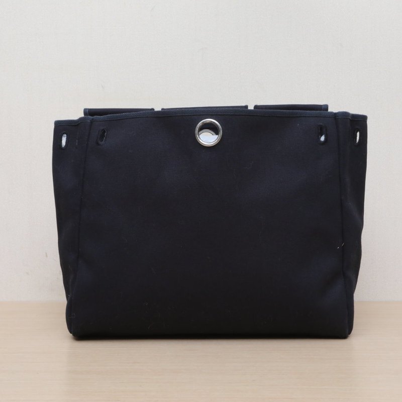 HERMES Herbag3989黑色帆布/Hunter牛皮框D銀扣肩背包-3