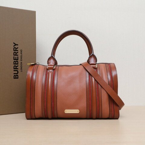 Burberry 棕色牛皮金扣保齡球手提包配可拆卸肩帶肩背包
