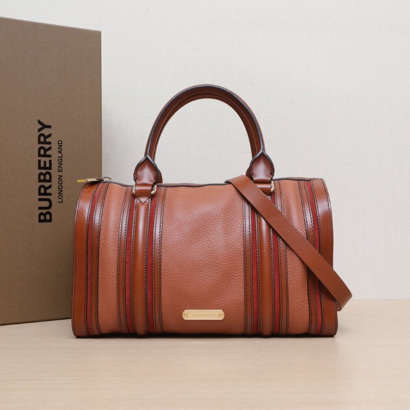 Burberry 棕色牛皮金扣保齡球手提包配可拆卸肩帶肩背包-0