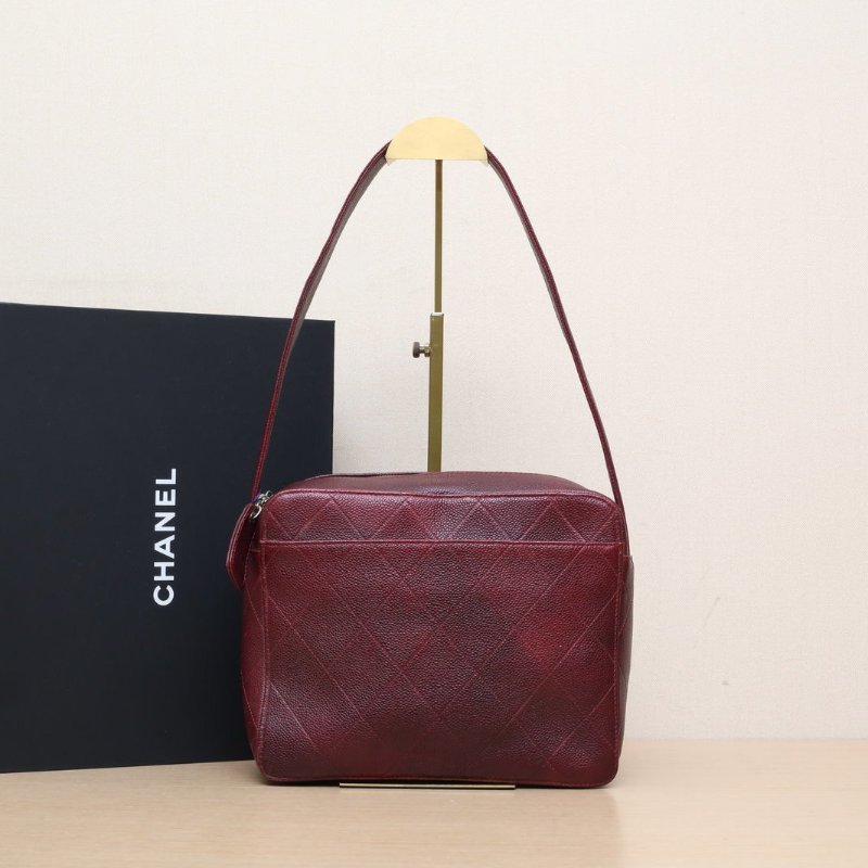 CHANEL 紅色荔枝牛皮6開金扣中古相機包單肩包肩背包-0