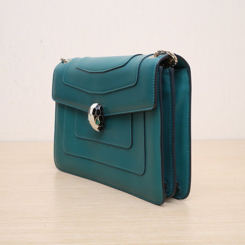 BVLGARI SerpentiForever風琴蛇頭包橫版28無手柄綠色牛皮肩背包-4