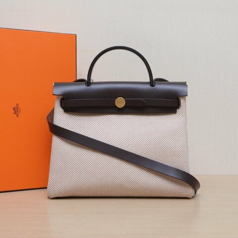 HERMES Herbag3146烏木色CrissViking編織帆布/Hunter牛皮B刻金扣肩背包