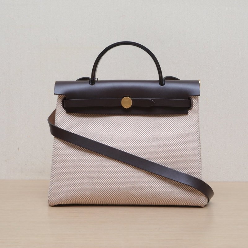 HERMES Herbag3146烏木色CrissViking編織帆布/Hunter牛皮B刻金扣肩背包-1