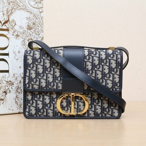 DIOR 30Montaigne蒙田皮肩帶大號24拼藍色牛皮/帆布金扣2022Oblique印花24肩背包