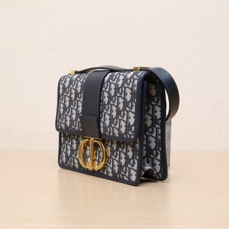 DIOR 30Montaigne蒙田皮肩帶大號24拼藍色牛皮/帆布金扣2022Oblique印花24肩背包-3