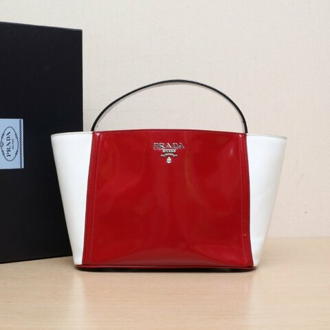 PRADA 拼色漆皮銀扣手提包34*19配可拆卸肩帶肩背包