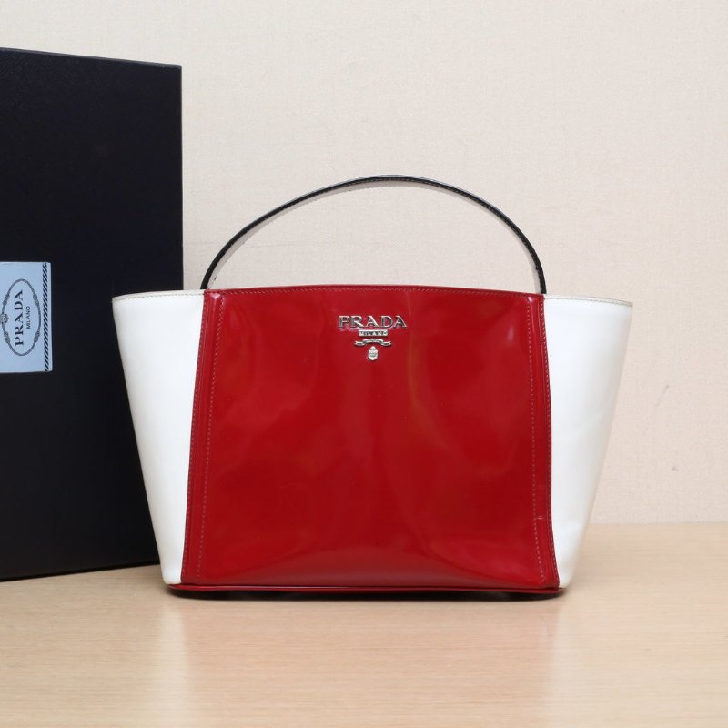 PRADA 拼色漆皮銀扣手提包34*19配可拆卸肩帶肩背包-0