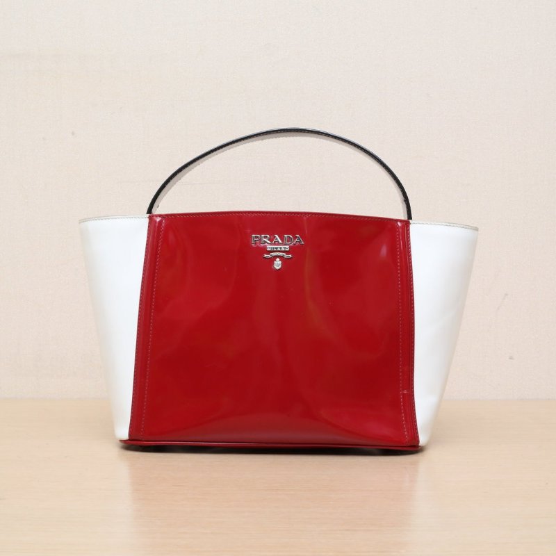 PRADA 拼色漆皮銀扣手提包34*19配可拆卸肩帶肩背包-1
