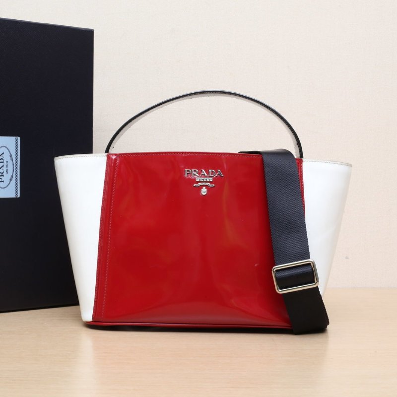 PRADA 拼色漆皮銀扣手提包34*19配可拆卸肩帶肩背包-2