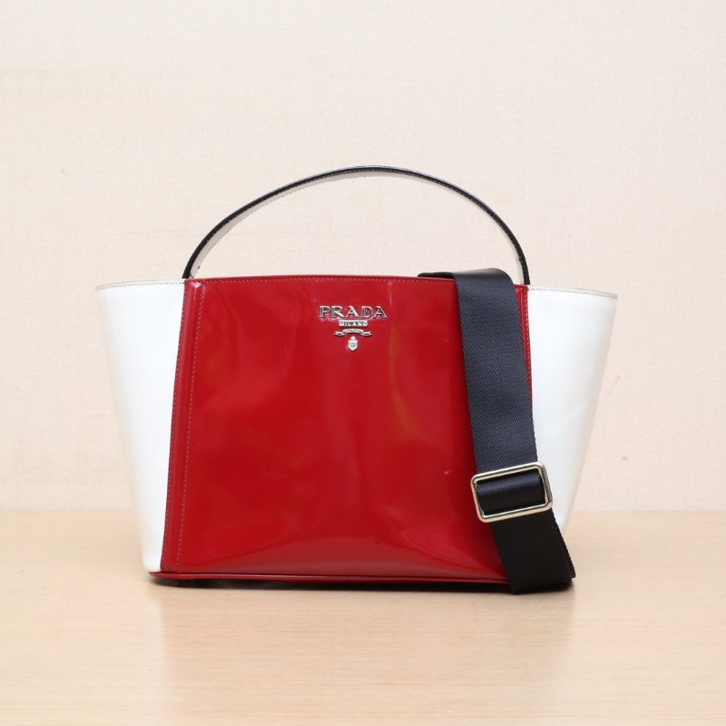 PRADA 拼色漆皮銀扣手提包34*19配可拆卸肩帶肩背包-3