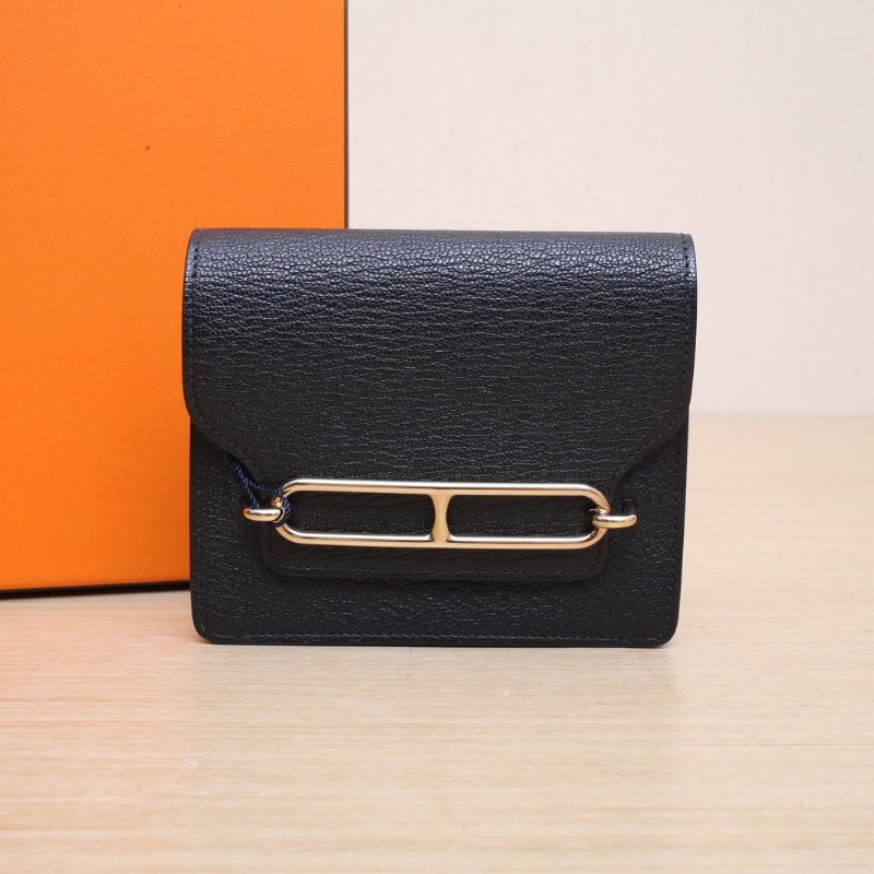 HERMES Roulis豬鼻子Slim錢包89黑色Chevre山羊皮U刻金扣肩背包-0