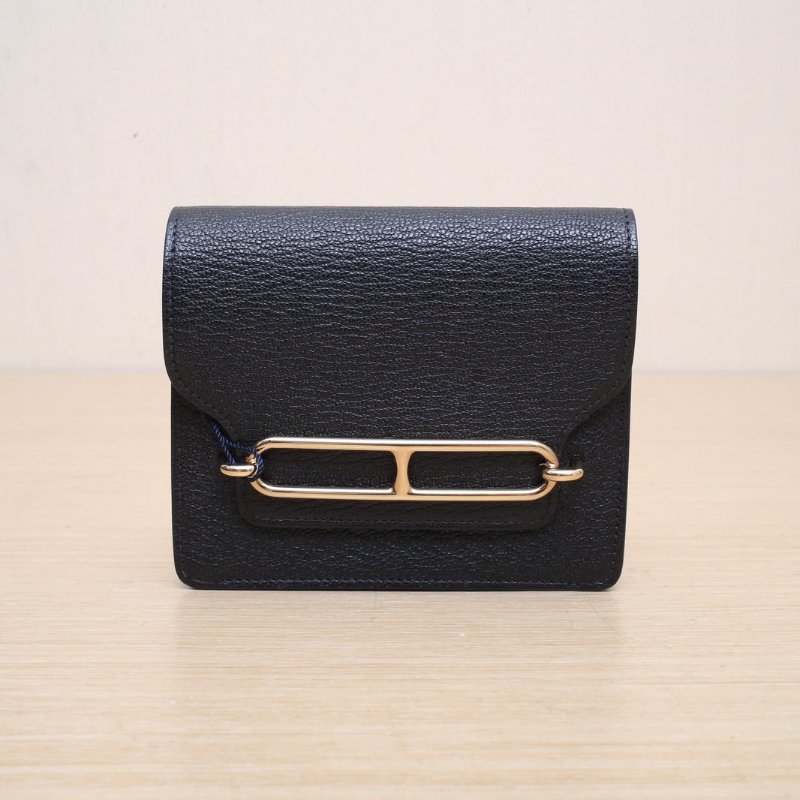 HERMES Roulis豬鼻子Slim錢包89黑色Chevre山羊皮U刻金扣肩背包-1