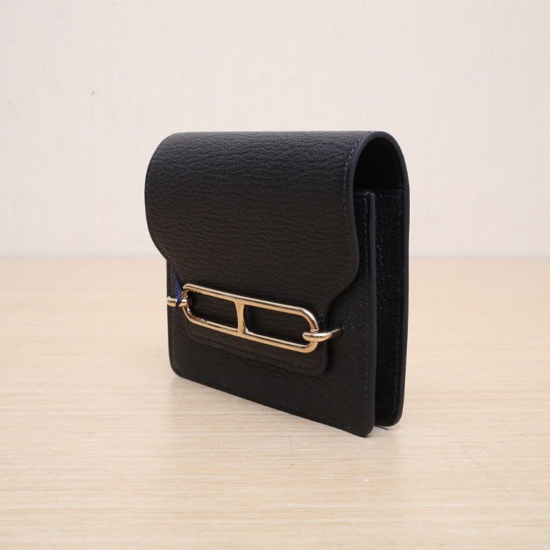 HERMES Roulis豬鼻子Slim錢包89黑色Chevre山羊皮U刻金扣肩背包-3