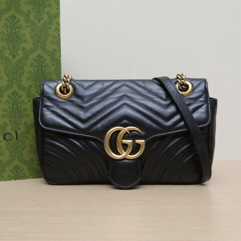 GUCCI GGMarmont肩背包小號26黑色牛皮金扣肩背包