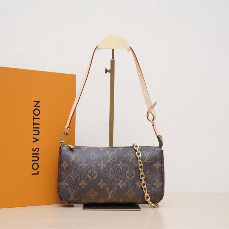 LOUIS VUITTON PochetteAccessoires大麻將包新款帶鏈條老花PVC金扣晶片肩背包-0