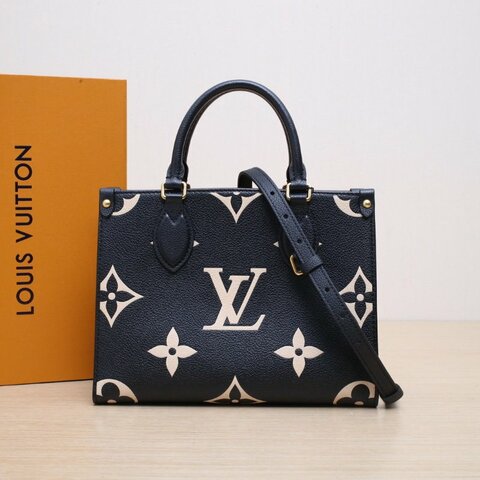 LOUIS VUITTON Onthego小號25黑白牛皮金扣晶片老花壓紋肩背包