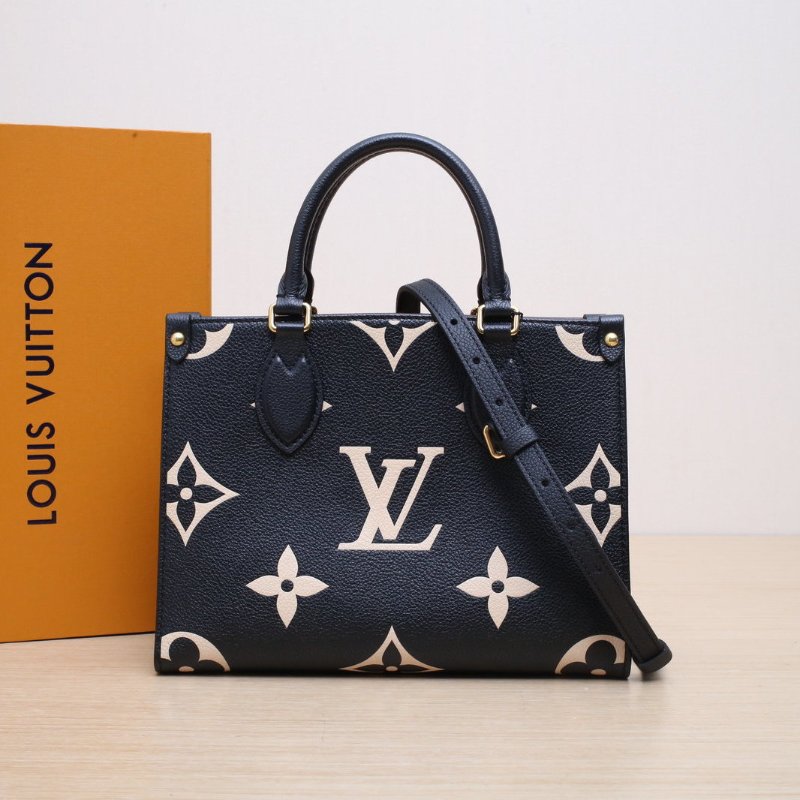 LOUIS VUITTON Onthego小號25黑白牛皮金扣晶片老花壓紋肩背包-0