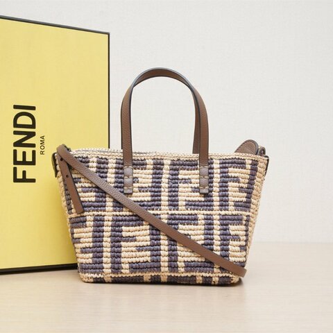 FENDI 拼色草編minirollFF托特包肩背包