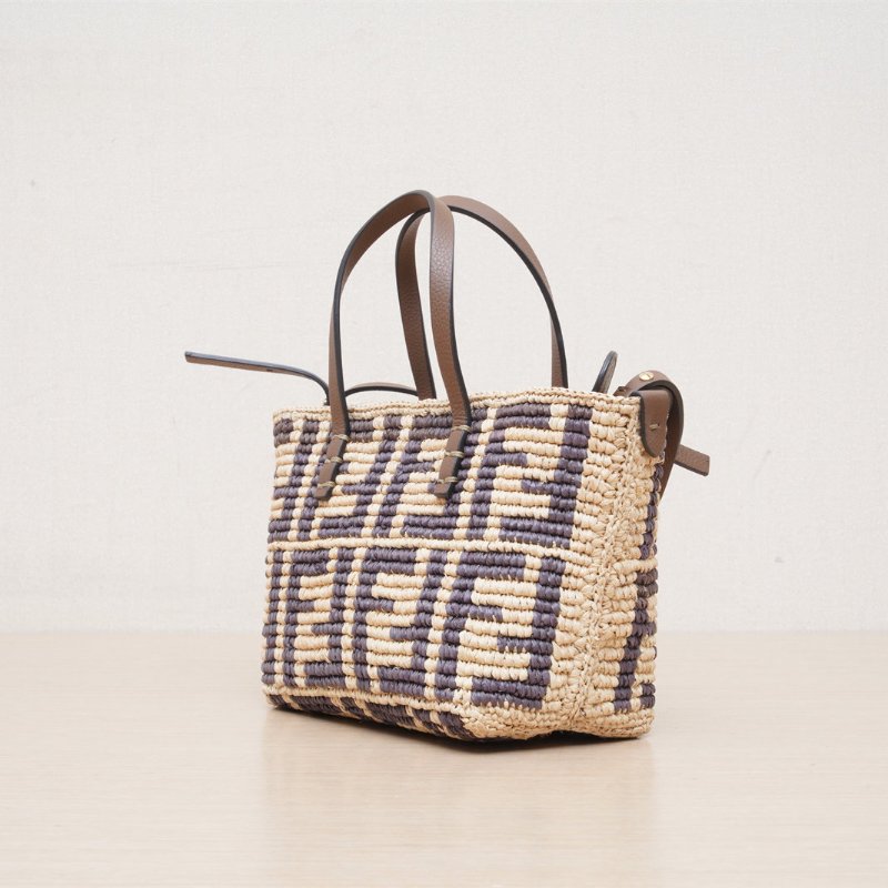FENDI 拼色草編minirollFF托特包肩背包-4