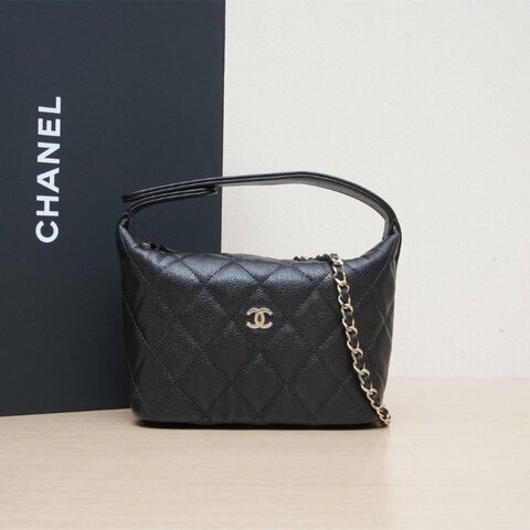CHANEL 嬉皮HOBO飯盒包25C/16黑色荔枝牛皮鐳射標淺金扣菱格紋皮手柄肩背包