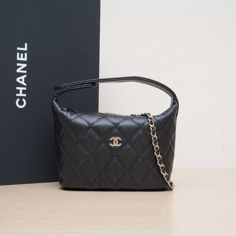 CHANEL 嬉皮HOBO飯盒包25C/16黑色荔枝牛皮鐳射標淺金扣菱格紋皮手柄肩背包-0