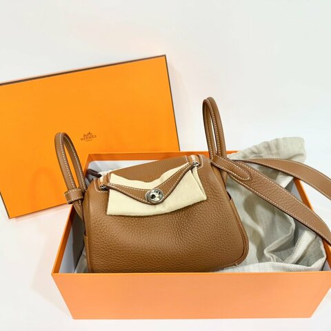 HERMES 37 Gold 棕色銀扣 EPSOM皮MINI LINDY
