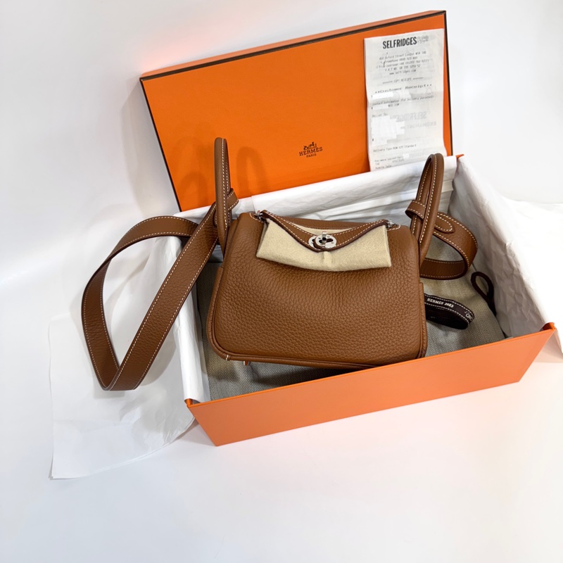 愛馬仕HERMES 37 Gold 棕色銀釦T/C皮MINI LINDY-0