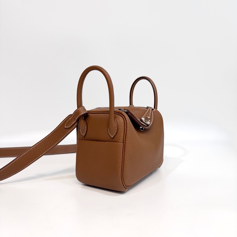 愛馬仕HERMES 37 Gold 棕色銀釦T/C皮MINI LINDY-3