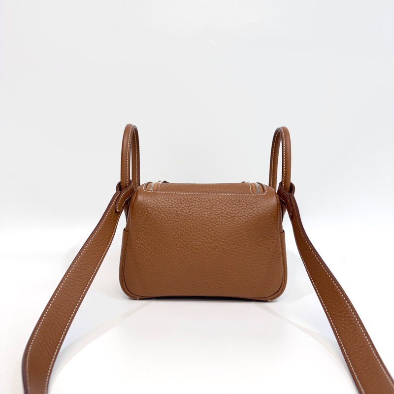 愛馬仕HERMES 37 Gold 棕色銀釦T/C皮MINI LINDY-4