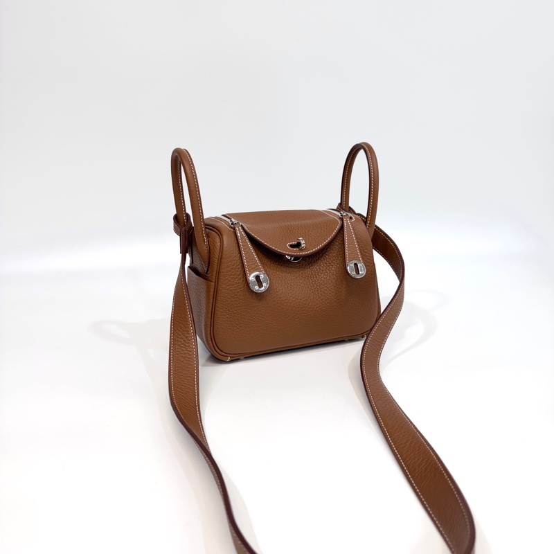 愛馬仕HERMES 37 Gold 棕色銀釦T/C皮MINI LINDY-7