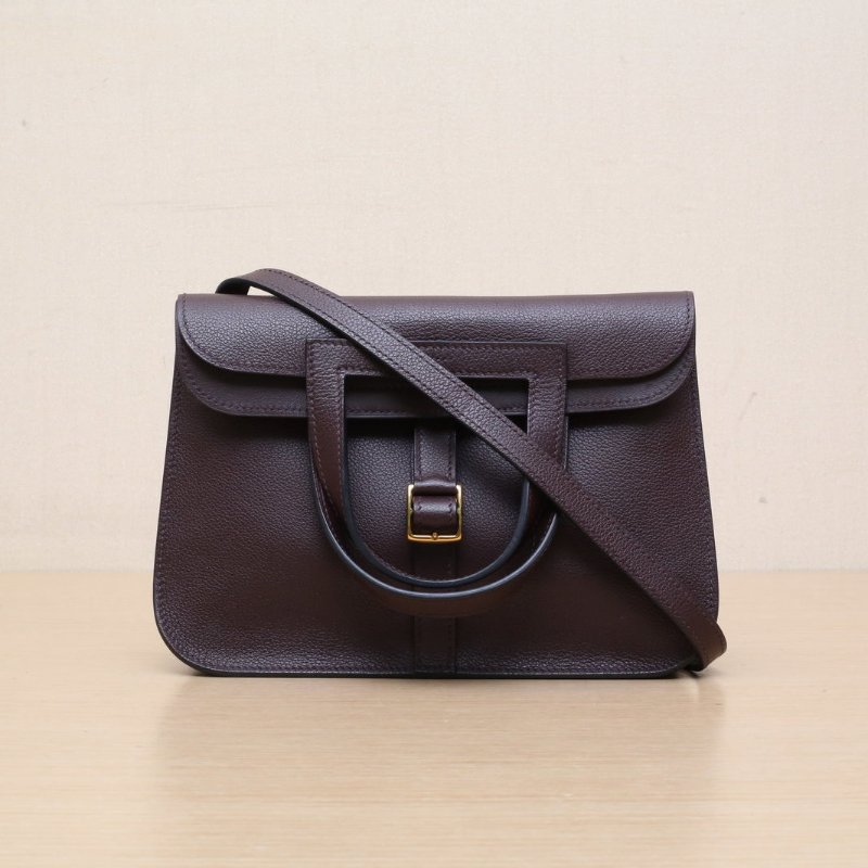 HERMES Halzan25雙提手單肩包0G馬鞍紅EC皮Y刻金扣肩背包-1