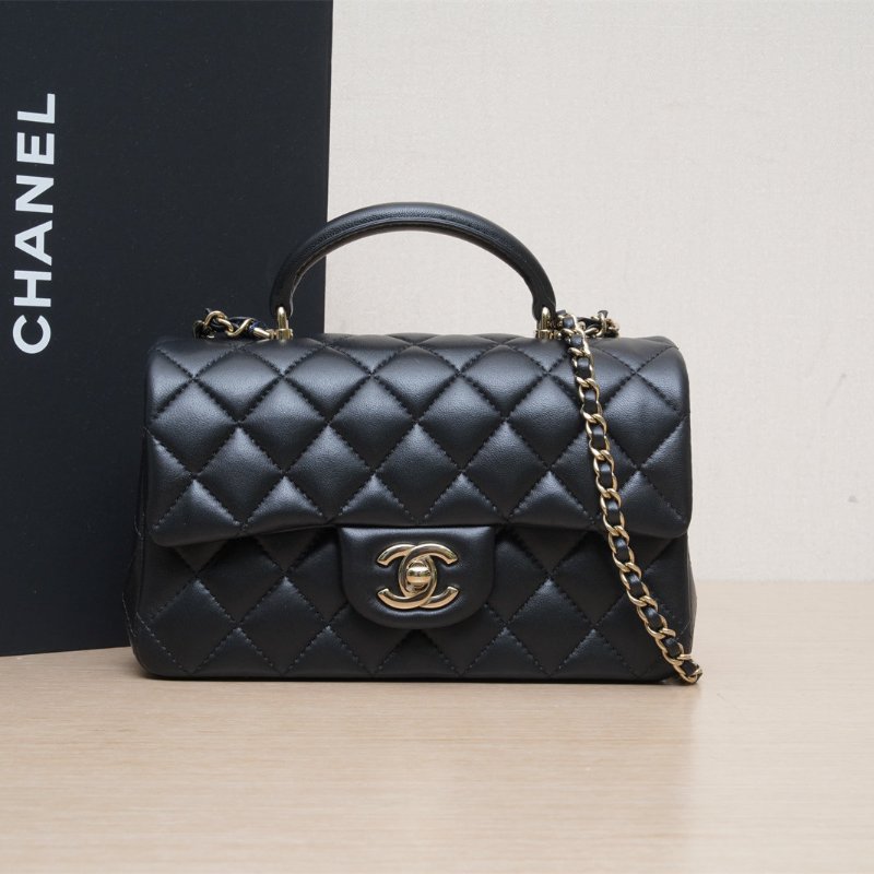 CHANEL CF口蓋包手柄大Mini20黑色羊皮晶片開金扣肩背包-0