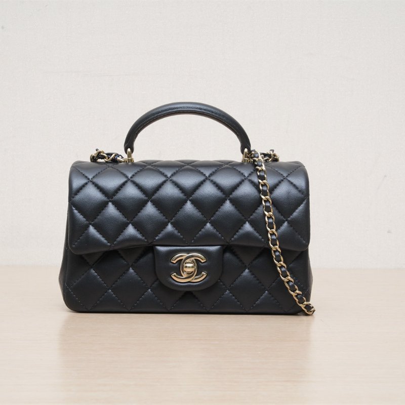 CHANEL CF口蓋包手柄大Mini20黑色羊皮晶片開金扣肩背包-1