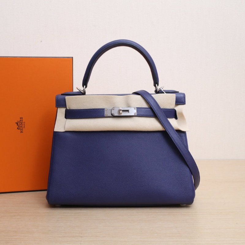 HERMES Kelly28X9錦葵紫拼M3水墨藍EC皮Y刻銀扣肩背包-0