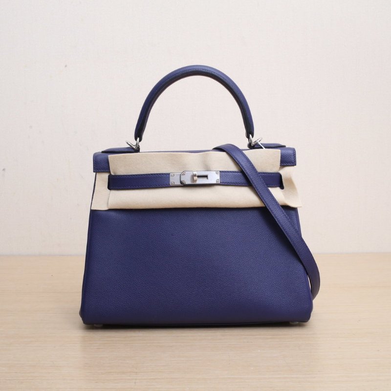 HERMES Kelly28X9錦葵紫拼M3水墨藍EC皮Y刻銀扣肩背包-1