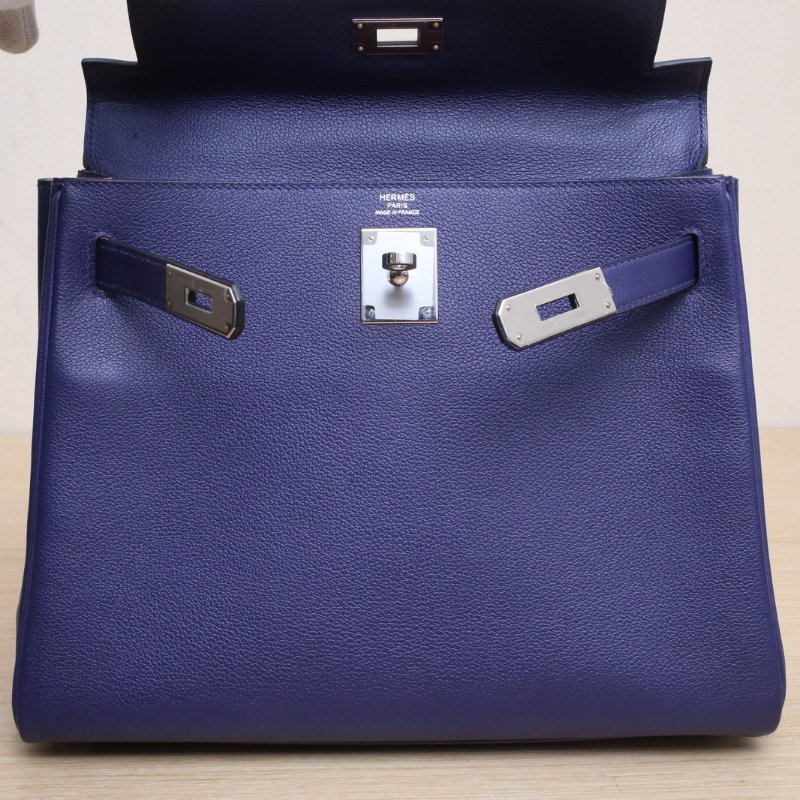 HERMES Kelly28X9錦葵紫拼M3水墨藍EC皮Y刻銀扣肩背包-3