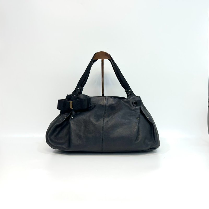 Salvatore Ferragamo黑色牛皮寬手把雙耳手提肩背包-0