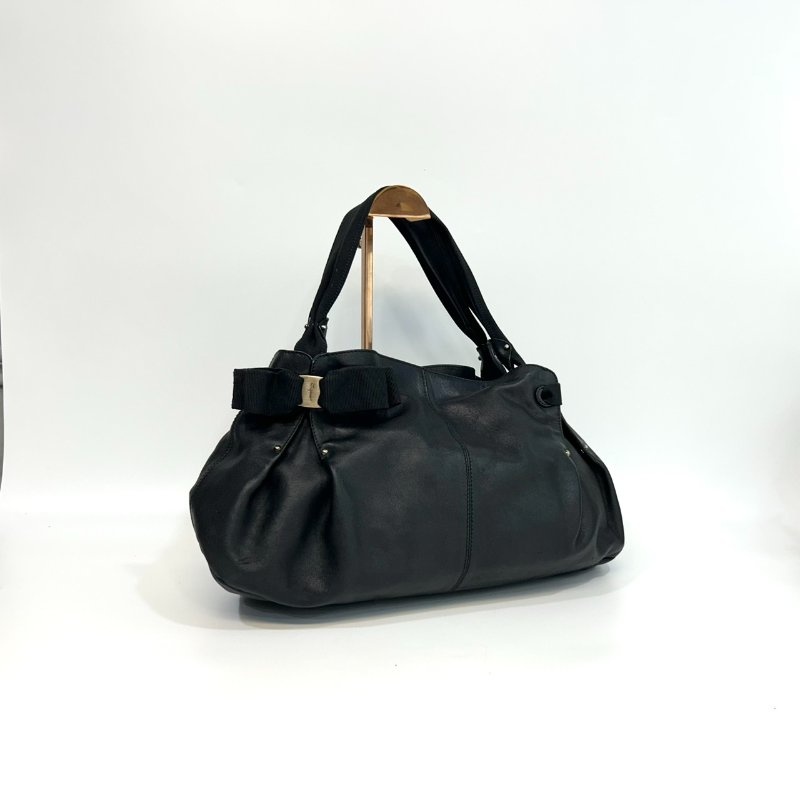 Salvatore Ferragamo黑色牛皮寬手把雙耳手提肩背包-3