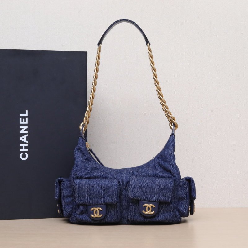CHANEL 雙口袋腋下包牛仔藍牛仔晶片開金扣肩背包-0