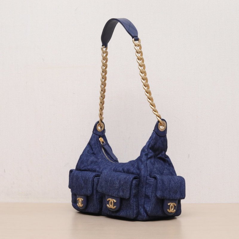CHANEL 雙口袋腋下包牛仔藍牛仔晶片開金扣肩背包-3
