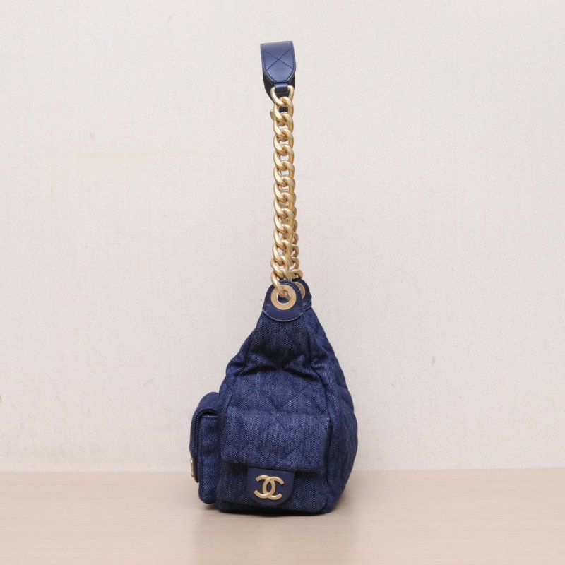 CHANEL 雙口袋腋下包牛仔藍牛仔晶片開金扣肩背包-4