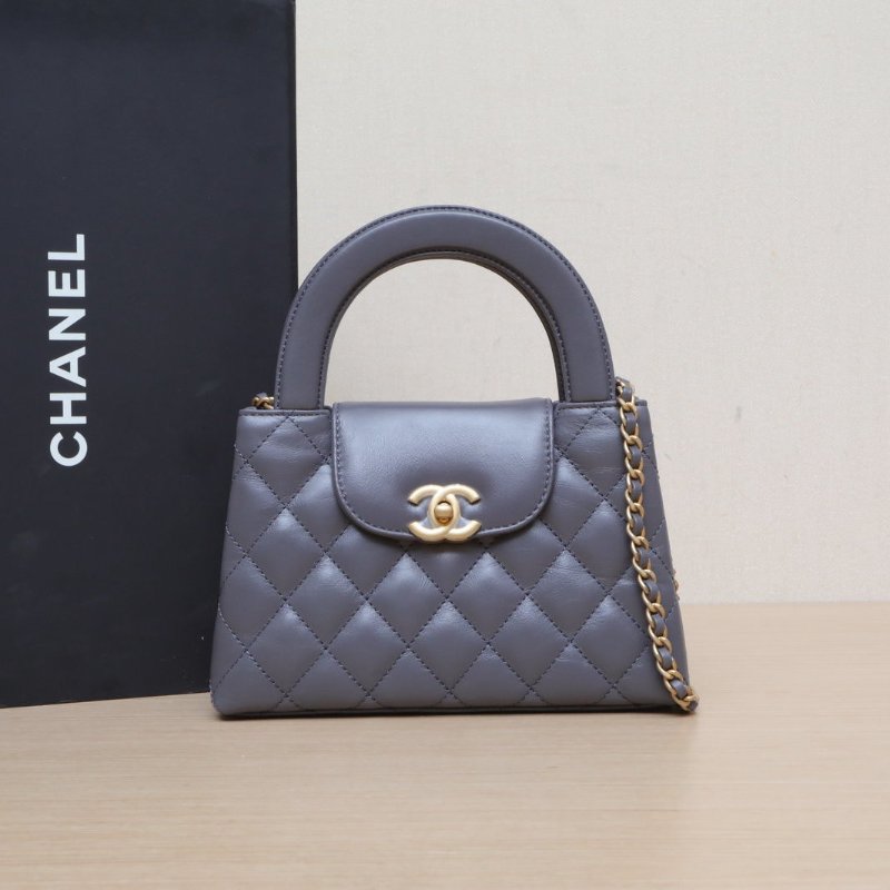 CHANEL 24AKelly鏈條手柄深灰色牛皮晶片開金扣肩背包-0