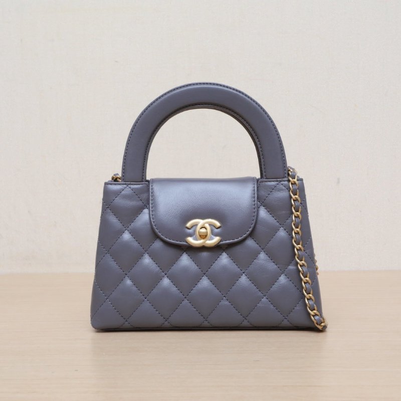 CHANEL 24AKelly鏈條手柄深灰色牛皮晶片開金扣肩背包-1