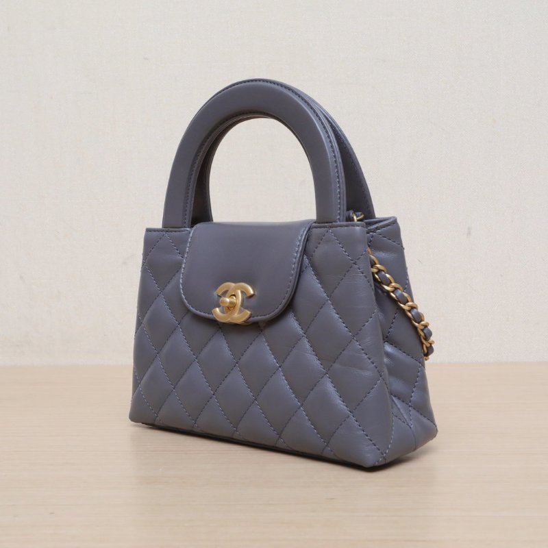 CHANEL 24AKelly鏈條手柄深灰色牛皮晶片開金扣肩背包-4