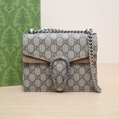 GUCCI Dionysus酒神高版小號20老花帆布銀扣肩背包