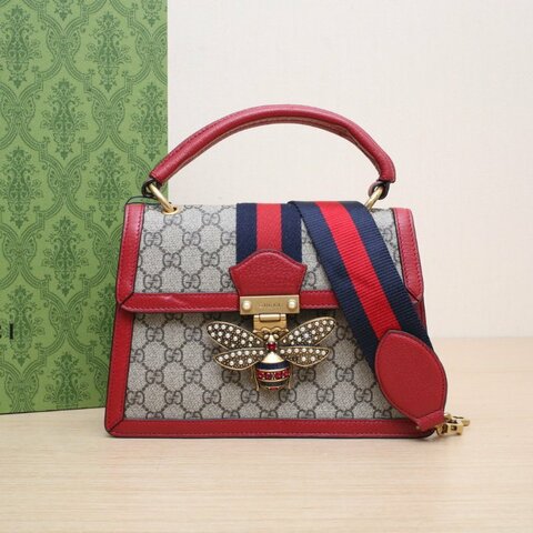 GUCCI QueenMargaret瑪格麗特皇后蜜蜂手提斜挎包小號25.5紅色牛皮/帆布金扣肩背包