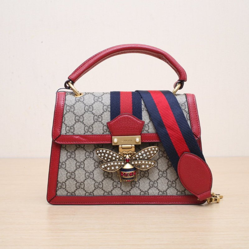 GUCCI QueenMargaret瑪格麗特皇后蜜蜂手提斜挎包小號25.5紅色牛皮/帆布金扣肩背包-1